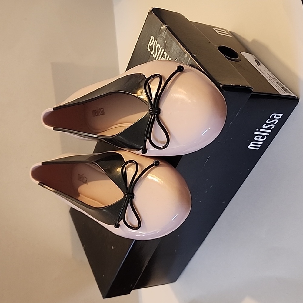 Melissa Just Dance, pinkish beige/black ballet style flats. Size 7, new